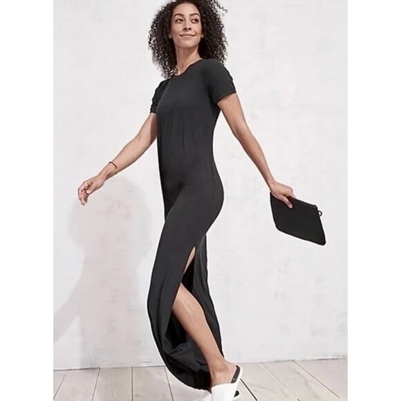 Athleta Boulevard Stretch T-Shirt Maxi Dress Black Modal Travel Short Sleeve - Picture 1 of 2